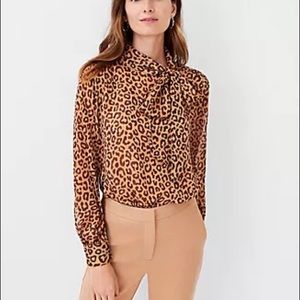NWOT Ann Taylor SHIMMER LEOPARD PRINT BOW BLOUSE IN WINE SHADOW